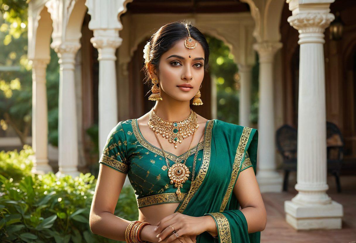An ethereal Indian actress in a stunning traditional outfit, illuminated by soft, dappled sunlight filtering through lush green foliage. She poses gracefully, capturing the essence of glamour, with intricate jewelry and vibrant makeup. In the background, hints of classic Indian architecture inspire elegance and richness. The scene evokes a sense of beauty and artistry in photography. super-realistic. vibrant colors. outdoor setting.