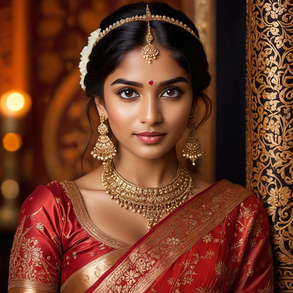 A stunning Indian beauty draped in an intricate traditional saree, surrounded by soft, ambient lighting that enhances her graceful pose. Delicate henna patterns on her hands, and vibrant flowers in her hair symbolize cultural richness. Include a luxurious backdrop with ornate textures and hues to evoke sensuality. Glimpse of a camera lens hinting at photography artistry. super-realistic. vibrant colors. elegant ambiance.